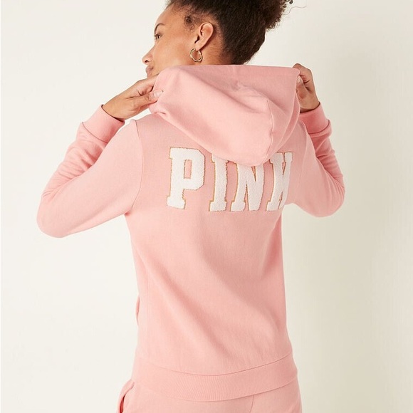 PINK Fleece Zip-Up Hoodie SET Chenille fur Logo Rosy Sweatpants - Picture 7 of 9